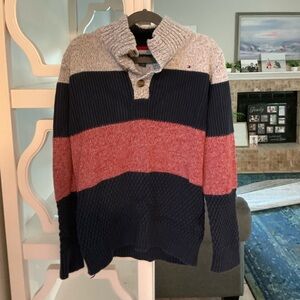Tommy Hilfiger Boys’s Striped Shawl Collar Sweater - Navy/Red/Gray